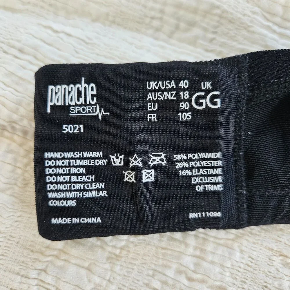 PANACHE Power Wired Sports Bra US 40J UK 40GG Black Padded High Support